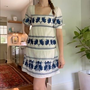 Mexican style white and blue embroidered dress